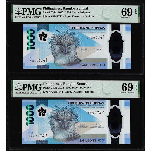 (2) Consecutive 2022 Philippines 1000 Piso Notes PMG Superb Gem Uncirculated 69EPQ