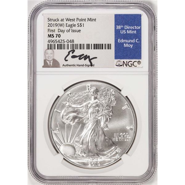 2019(W) $1 American Silver Eagle Coin NGC MS70 FDOI Moy Signature West Point Mint