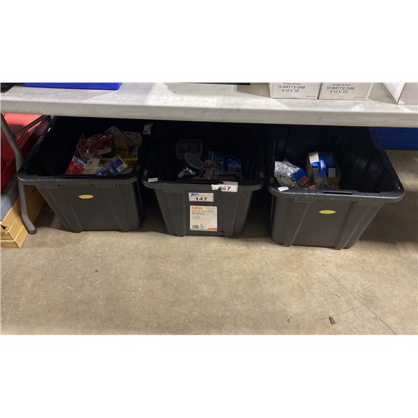 3 STORAGE BINS OF ASSORTED DOOR LOCKS/HARDWARE, ACCESS POINT KEY STRIPS, & KEY TAGS/RINGS/PET TAGS