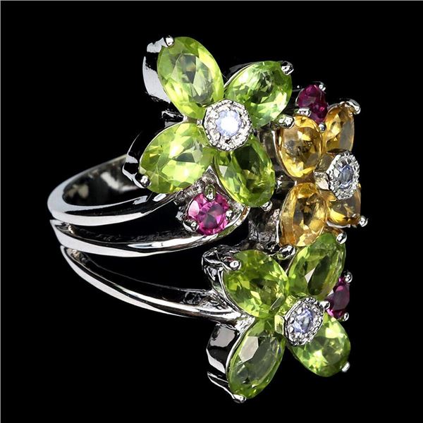 Natural Peridot  Citrine Rhodolite Tanzanite Ring