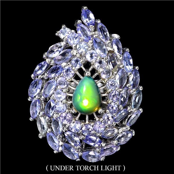 Natural White Opal & Tanzanite Ring