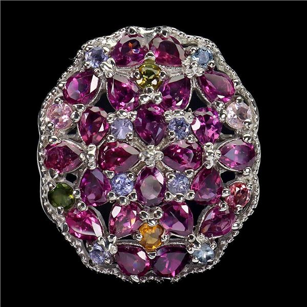 Natural Rhodolite Garnet Tanzanite Tourmaline Ring