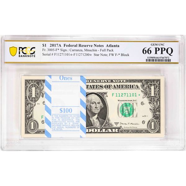 Pack 2017A $1 Federal Reserve STAR Notes ATL Fr.3005-F* PCGS Gem Uncirculated 66PPQ