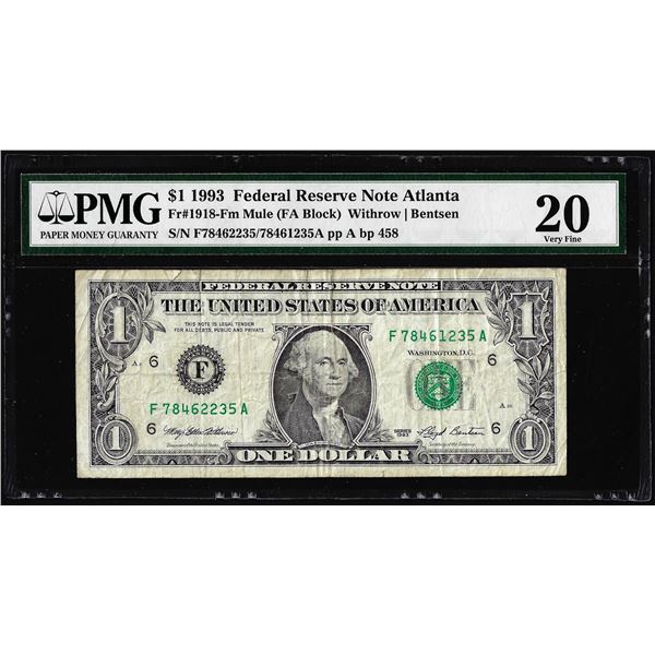 1993 $1 Federal Reserve Note Mismatched Serial Number Error Fr.1918-Fm PMG Very Fine 20