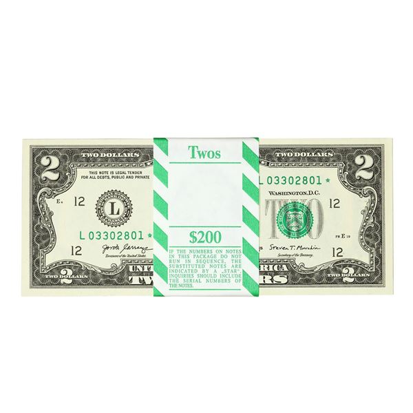 Pack of (100) Consecutive 2017A $2 Federal Reserve Star Notes San Francisco