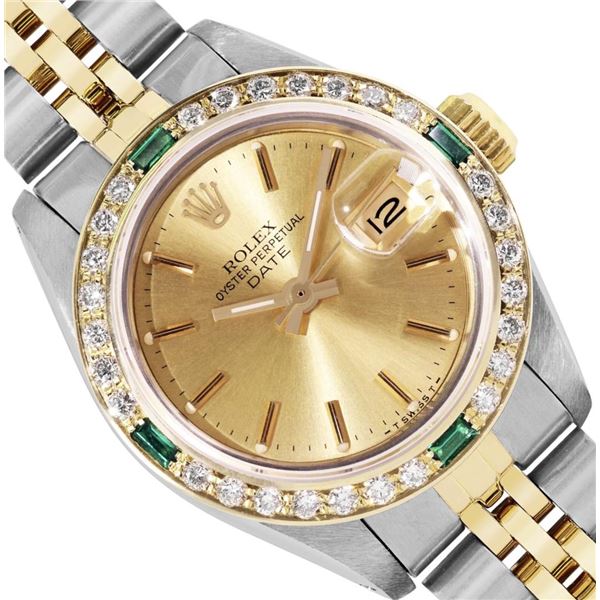 Rolex Ladies Two Tone Emerald and Diamond Date Wristwatch