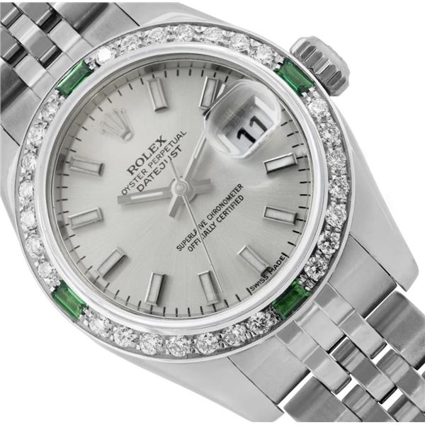 Rolex Ladies Stainless Steel Silver Dial Emerald and Diamond Datejust Wristwatch