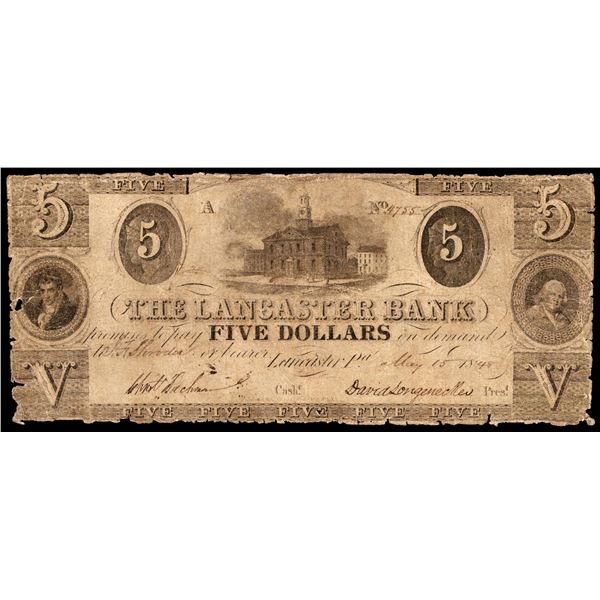 1848 $5 The Lancaster Bank Lancaster, PA Obsolete Note