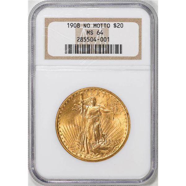 1908 No Motto $20 St. Gaudens Double Eagle Gold Coin NGC MS64