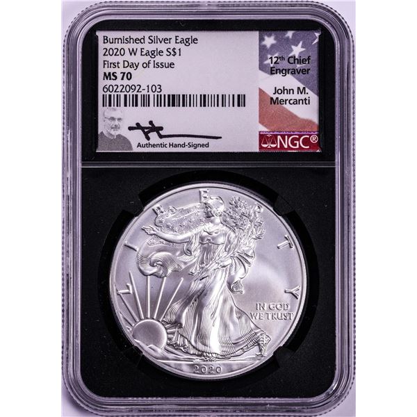 2020-W $1 Burnished American Silver Eagle Coin NGC MS70 Mercanti Signature