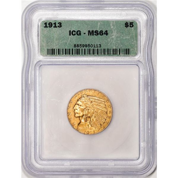 1913 $5 Indian Head Half Eagle Gold Coin ICG MS64