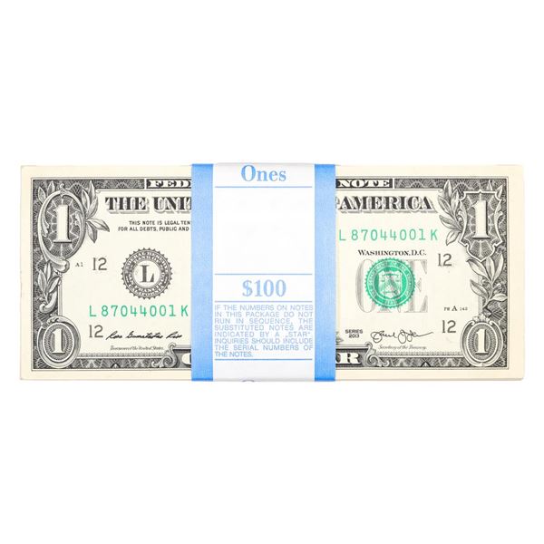 Pack of (100) Consecutive 2013 $1 Federal Reserve Notes San Francisco