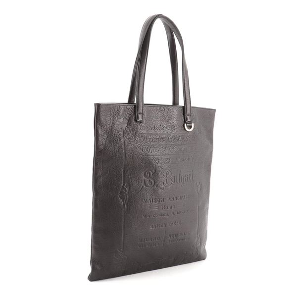 Bvlgari Flat Tote Embosssed Leather Tall Black