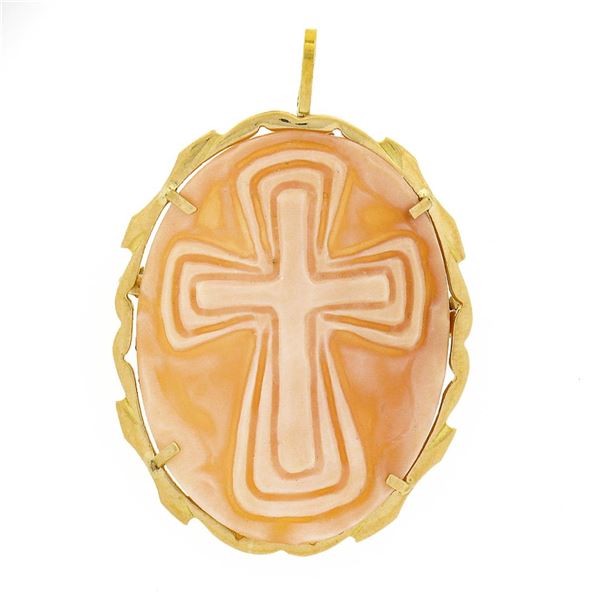 Vintage 18k Gold Cross Carved Oval Shell Cameo Polished Frame Brooch Pin Pendant