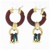 Image 4 : Estate 18k Gold Red Enamel Large Hoop w/ Smaller Round Link Drop Dangle Earrings