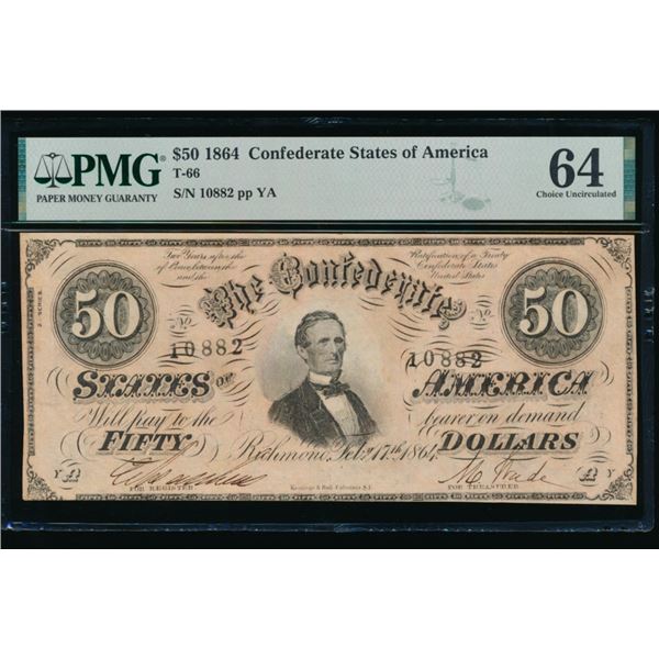 1864 $50 T-66 Confederate PMG 64