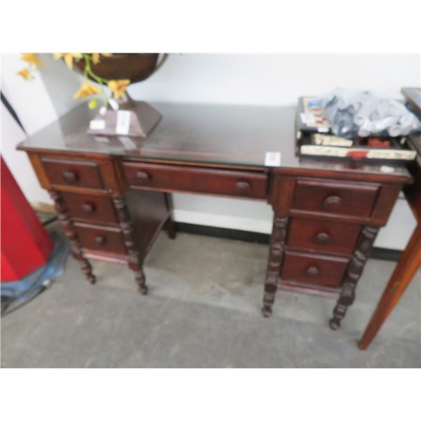 Mahogany Vintage 7 Drawer Student Desk w/Glass Top