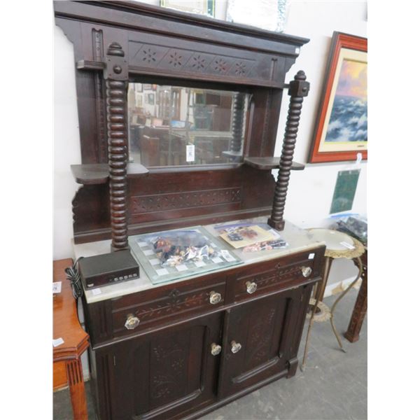 Antique Mahogany Marble Top Cabinet w/Mirrored Upper