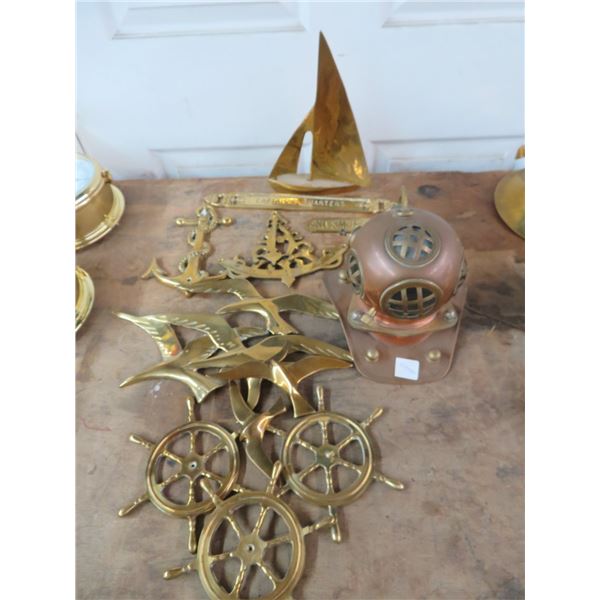 Copper Dive Helmet, Brass Ships Wheels, Anchor, Sailboat, Décor