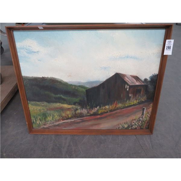 Framed Oil On Canvas Barn Scene