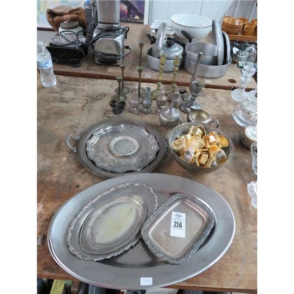 Silverplate Platters, Candlesticks, Other Items, Goldplate Napkin Rings