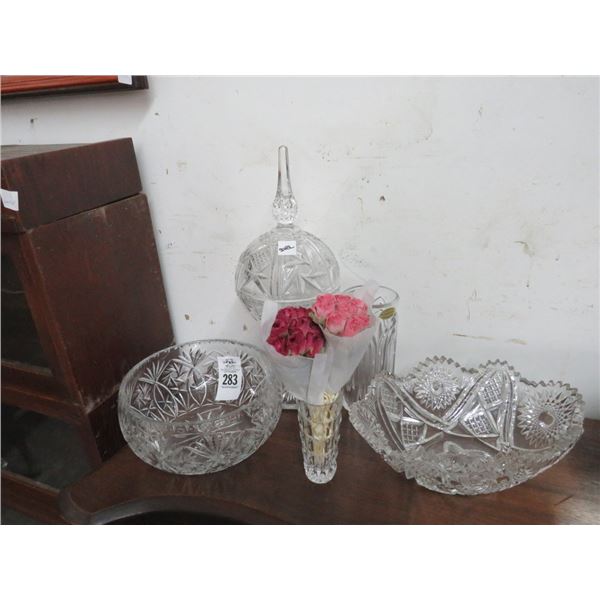 Pressed Crystal Bowls, Vases, And Compote