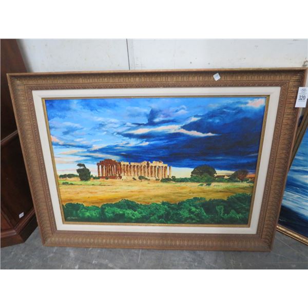 Oil On Canvas Wall Art of Greek Ruins - Signed Makins - 30 x 36