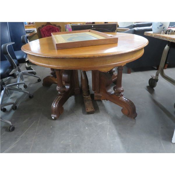 Carved Pedestal Round Oak Dining Table