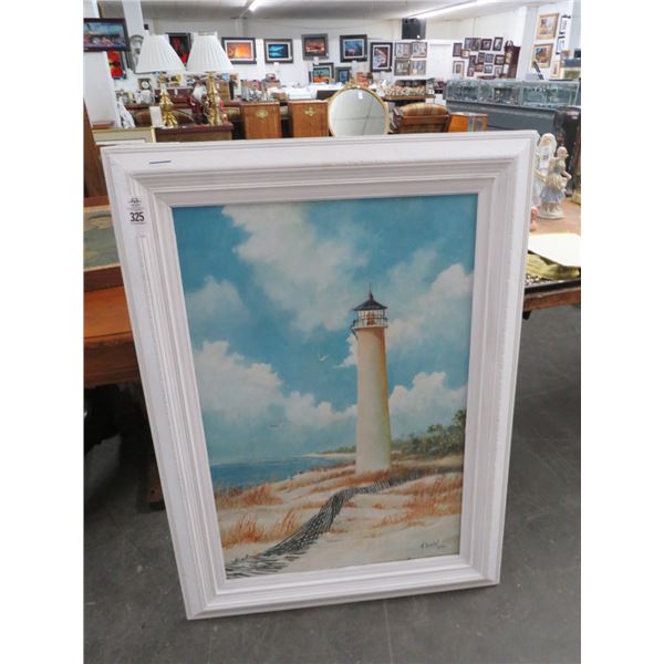 Framed Oil On Board Lighthouse Beach Scene - Signed Sundai