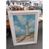 Image 1 : Framed Oil On Board Lighthouse Beach Scene - Signed Sundai