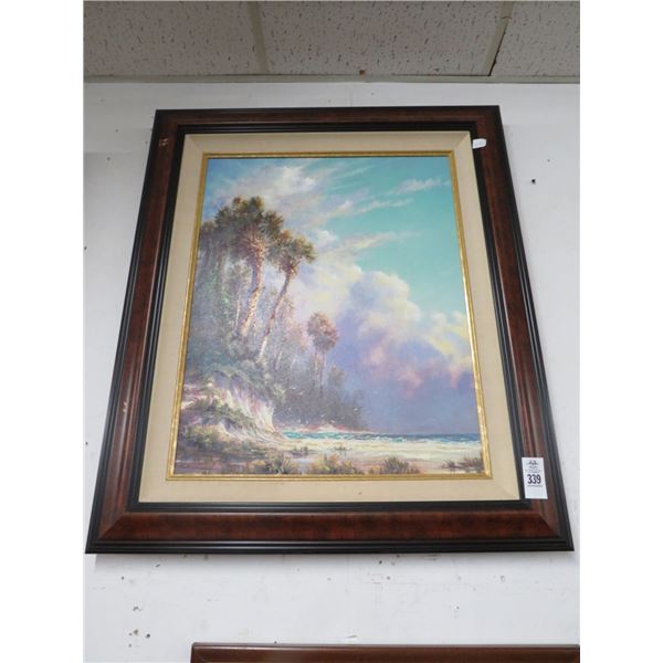 Framed Oil On Canvas Tropical Beach Scene - 30 x 36