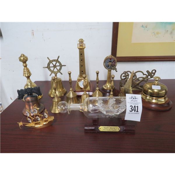 Brass Desk Clock, Bells, Card Holder, Miniature Ships