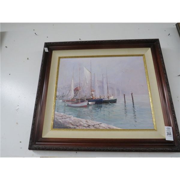 Oil On Canvas Wall Art Sailboats In Port - Signed Frankowiac - 24 x 24