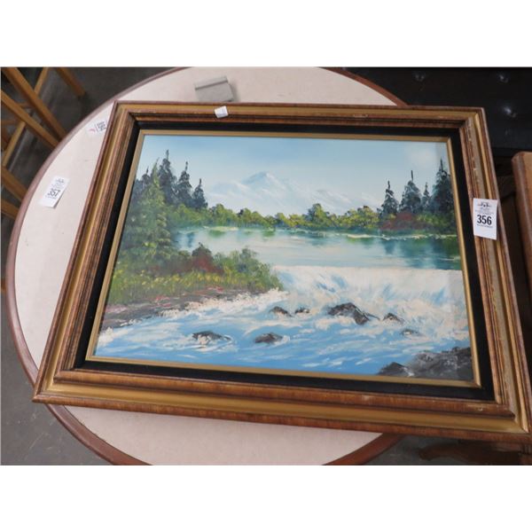 Framed Oil On Canvas Mountain River Scene - 18 x 24