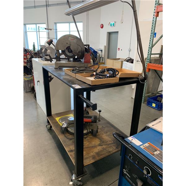 ROLLING METAL WELDERS WORK TABLE W/OVERHEAD LIGHT - APPROX. 4FT ACROSS X 2 1/2FT WIDE X 3 1/2FT HIGH