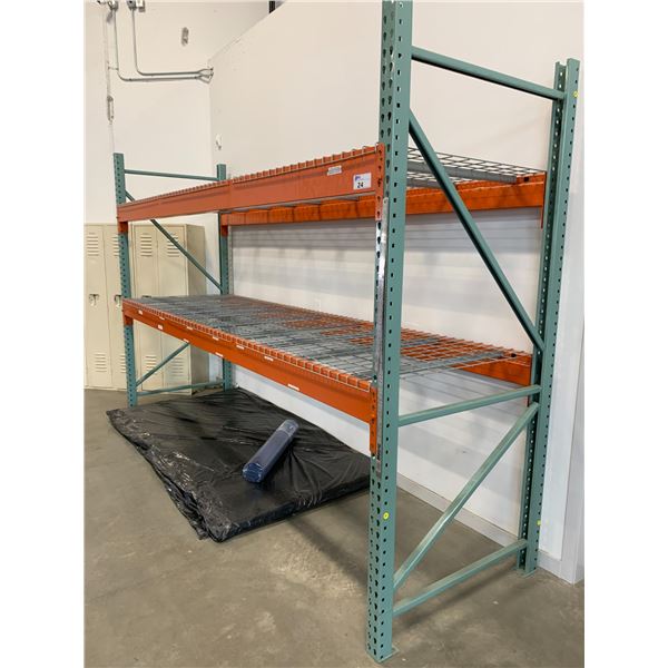 SECTION OF ORANGE & GREY PALLET RACKING W/MESH DECK - APPROX, 12FT ACROSS X 3 1/2FT WIDE X 8FT HIGH