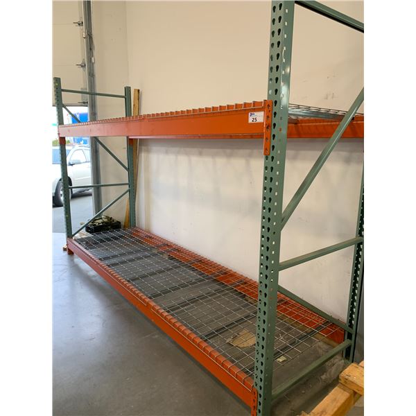 SECTION OF ORANGE & GREY PALLET RACKING W/MESH DECK - APPROX, 12FT ACROSS X 3 1/2FT WIDE X 8FT HIGH