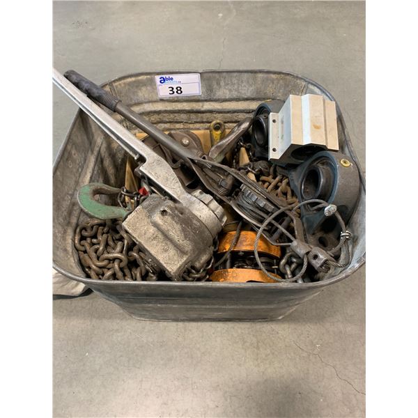 GALVANIZED METAL BIN WITH ASSORTED CONE-A-LONGS, CHAIN HOISTS, TOW CHAINS, ETC