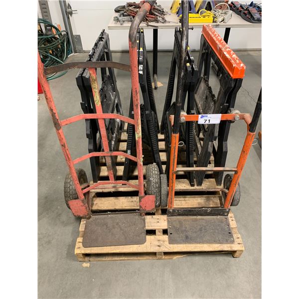 GROUP OF 4 PLASTIC SAW HORSES AND 2 FURNITURE DOLLIES