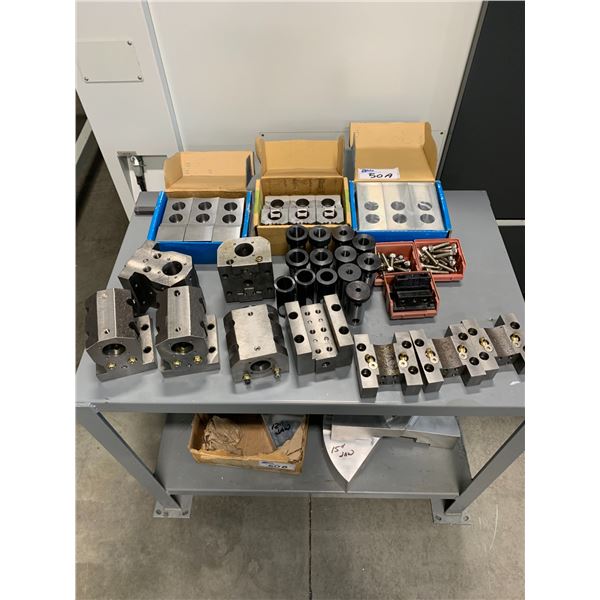 LARGE GROUP OF LATHE TOOLING-SLEEVES, JAWS, HOLDERS, ETC *WELDED STEEL TABLE INCLUDED*