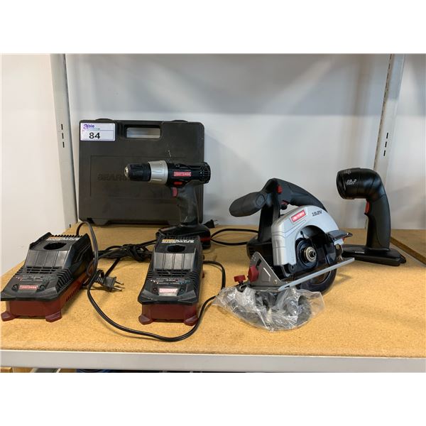 8 PCS. CRAFTSMAN POWER TOOLS-DRILL, CIRCULAR SAW, FLASHLIGHT, 2 BATTERIES, 2 CHARGERS & CASE