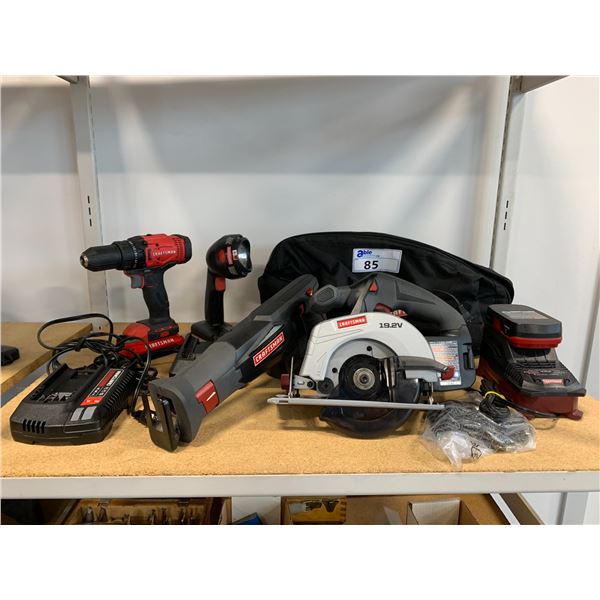 10 PCS. CRAFTSMAN POWER TOOLS-DRILL, CIRCULAR SAW, RECIPROCATING SAW, FLASHLIGHT, 3 BATTERIES, 3