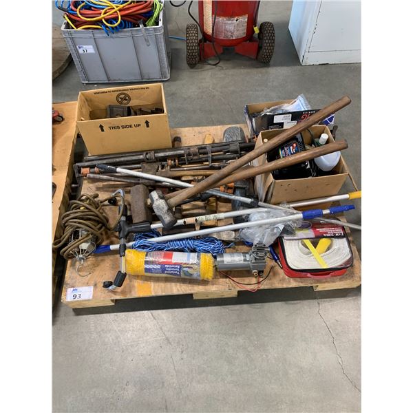 PALLET OF ASSORTED SHOP ITEMS-BAR CLAMPS, SLEDGE HAMMERS, ROPE & MORE
