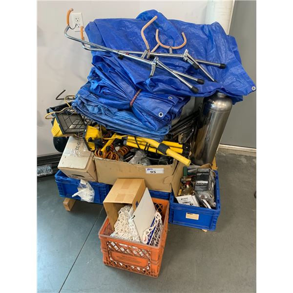 PALLET FULL OF ASSORTED SHOP ITEMS, HARDWARE, TARPS, WORK LIGHTS & MORE