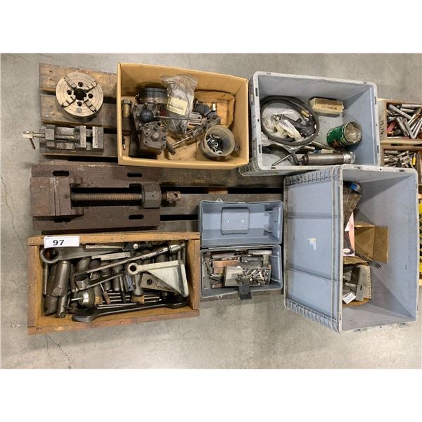 PALLET LOT OF ASSORTED MACHINE SHOP TOOLS, PARTS. HARDWARE & MORE