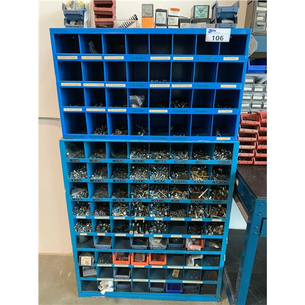 2 BLUE METAL PIGEON HOLE COMPARTMENT PARTS CABINETS WITH ASSORTED BOLTS, NUTS AND WASHERS