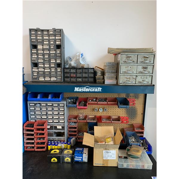 LARGE GROUP OF PARTS ORGANIZERS WITH LARGE QUANTITY ASSORTED FASTENERS, HARDWARE & MORE