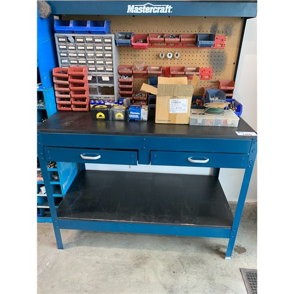 MASTERCRAFT BLUE & BLACK 2 DRAWER WORK TABLE WITH PEGBOARD BACK-APPROX 4FT X 2FT X 5FT HIGH