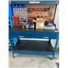 Image 1 : MASTERCRAFT BLUE & BLACK 2 DRAWER WORK TABLE WITH PEGBOARD BACK-APPROX 4FT X 2FT X 5FT HIGH