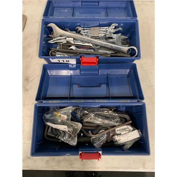 2 SMALL BLUE TOOL BOXES AND CONTENTS- ASSORTED COMBINATION WRENCHES & ALLEN KEYS